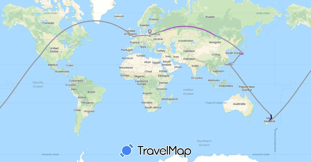 TravelMap itinerary: driving, plane, train, boat in United Kingdom, Japan, New Zealand, Poland, Russia, Taiwan, United States (Asia, Europe, North America, Oceania)